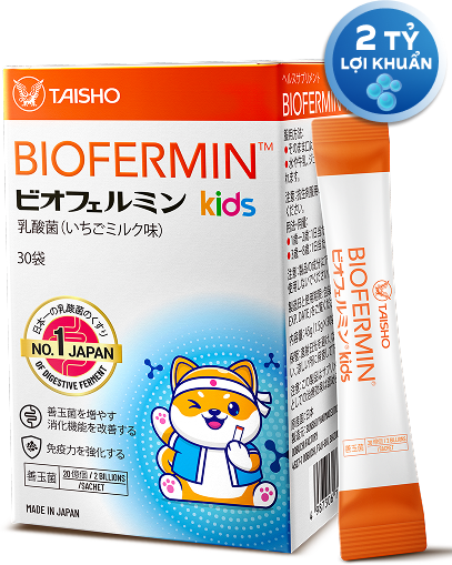 Biofermin Kids dạng gói chứa 2 tỷ lợi khuẩn hỗ trợ tiêu hóa cho trẻ.